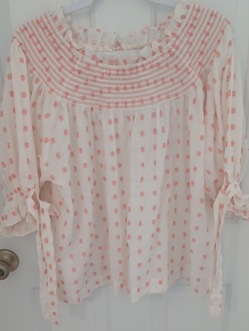 FARMERS MARKET XL Lightweight White Peasant Blouse with Coral Dot Print